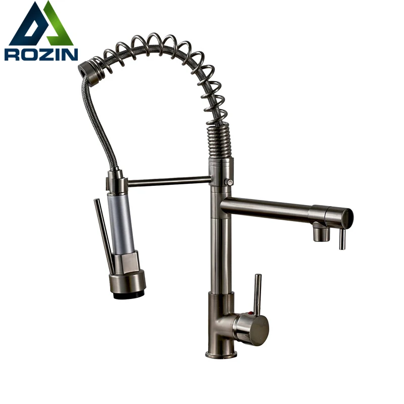 Deck Mounted Hot and Cold Water Kitchen Faucet Nickel Brushed Spring Pull Down Dual Spray Spout Kitchen Mixer Tap