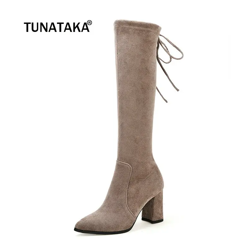 

Ladies Suede Square Heel Knee High Boots Fashion Pointed Toe Lace Up Winter Stretch Shoes Black Apricot