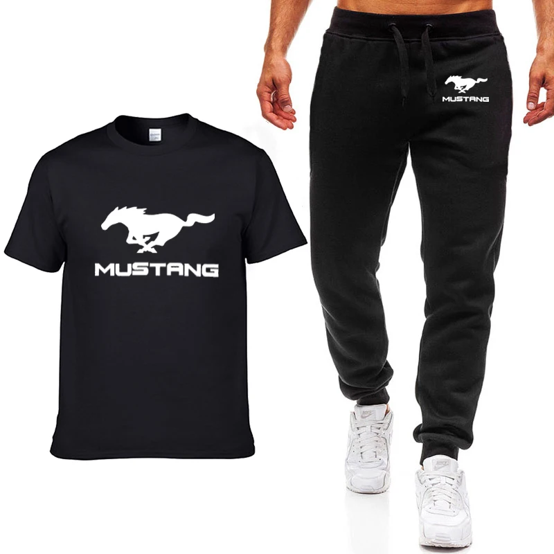 Skup Moda lato mężczyźni koszulki z krótkim rękawem Mustang samochodów Logo drukowane Hip hop Casual bawełniane z krótkim rękawem wysokiej jakości T koszula + spodnie garnitur odzież