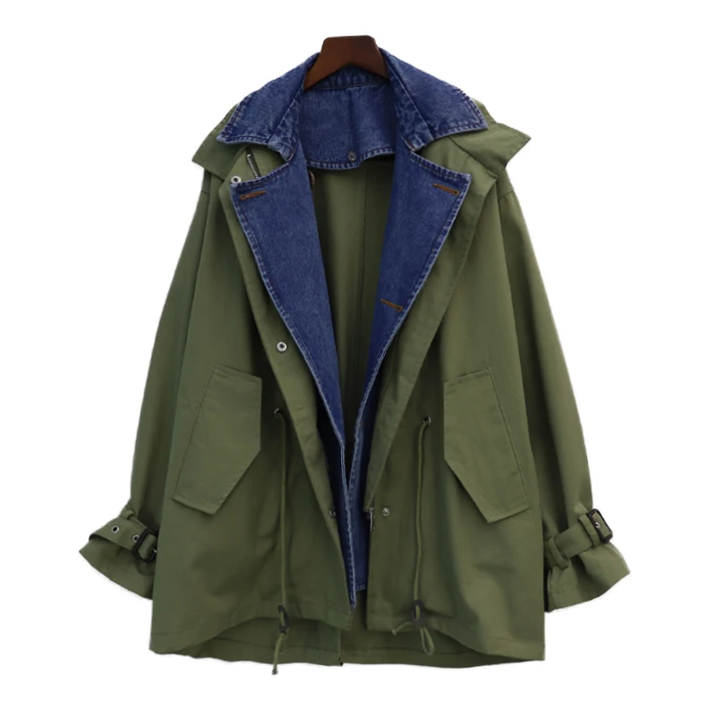 

Korea Autumn Jacket Women's Harajuku bf loose spliced Long Sleeve coat drawstring windbreaker female long section student coat