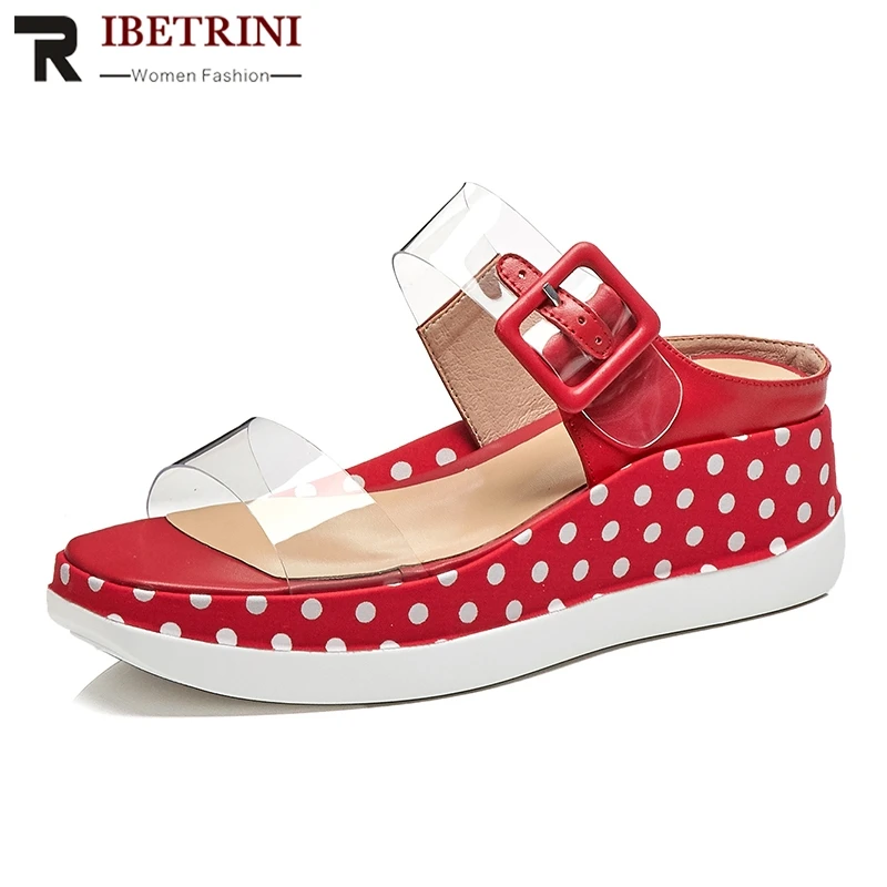 

RIBETRINI 2019 INS Hot New Polka Dot Platform Sandals Women Summer Comfort Leather Insole Women Wedges Shoes Woman