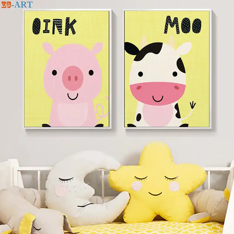 Farm Animals Prints Cow Pig Poster Cute Canvas Painting Playroom