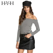 HYH HAOYIHUI 2018 Autumn Slash Neck Striped Black White Stripe Off Shoulder Slim Top Sexy Long Sleeves Casual Top For Lady light grey top with stripe and long sleeves