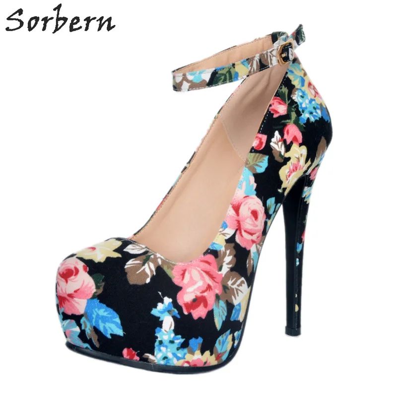 

Sorbern Black Flowers Cotton Fabric Women Pumps Ankle Straps Platform High Heels Pointed Gladiator Pumps Luxury Heels
