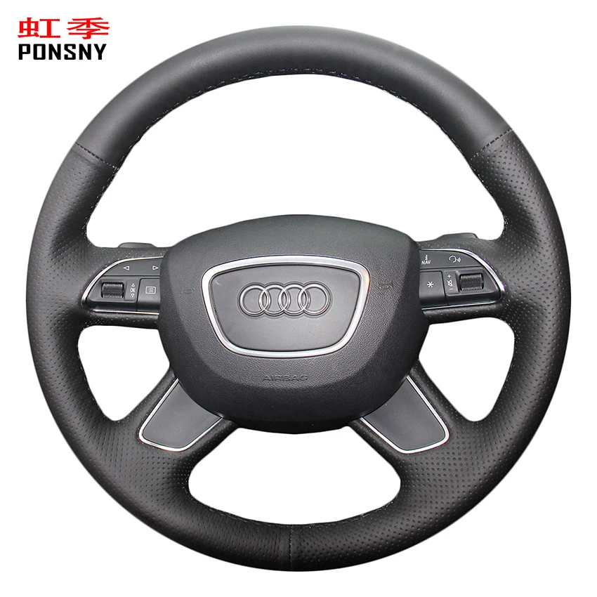 

PONSNY чехлы из натуральной коровьей кожи для руля автомобиля чехол для Audi A3 A7 A8 Q7 прошитый вручную чехол для руля из натуральной кожи