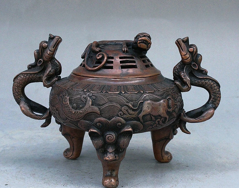 

8" Old Chinese Bronze Auspicious Dragon Bull Fish Beast Incense burner Censer