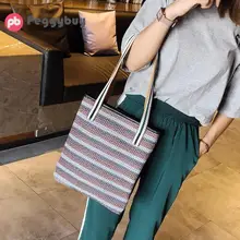 Соломенная полосатая пляжная сумка винтажная ручная работа тканая сумка женская широкая Повседневная квадратная сумки из ротанга богемные летние сумки для отдыха