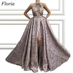 same as picture Специальный Дизайн Дубай Длинные вечерние платья с поясом Холтер без Рукавов высокий разрез пикантное модное вечерние платья под заказ - Цвет: same as picture