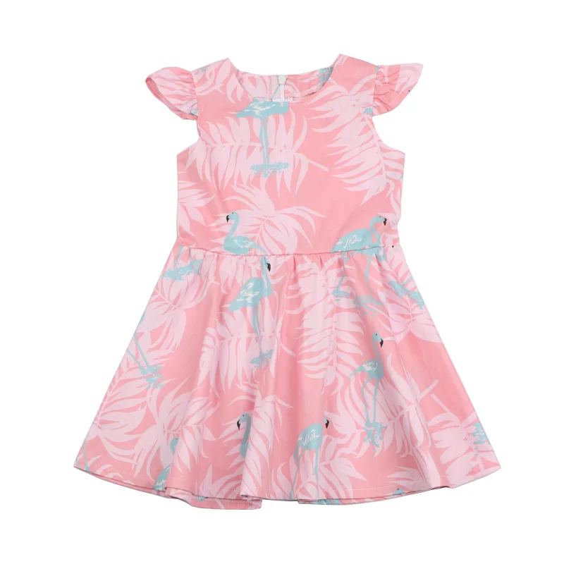 Flamingo Summer Girls Dress Casual Print Pattern Princess Children Clothes Fly Sleeve Soft Cotton Baby Girls Dress Vestido (1)