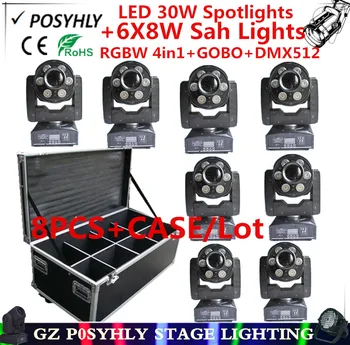 

8pcs/ RGBW 4IN1 30W LED Spotlights + 6x8w wash lights +Flight Case dmx512 moving head pattern lights professional dj equipmen