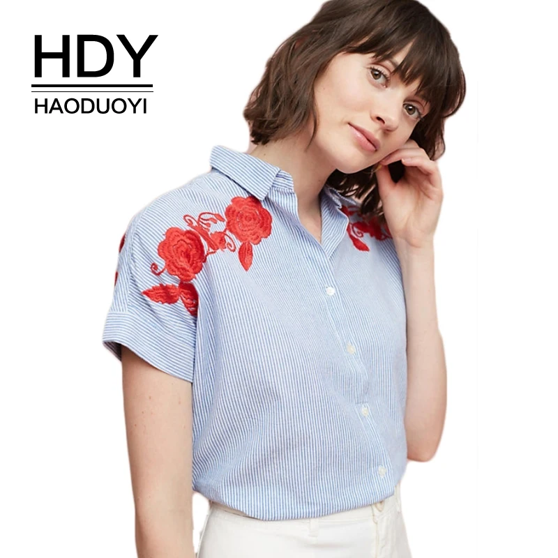 Женские хлопковые блузки HDY Haoduoyi синие белые в полоску с вышивкой|Рубашки| |