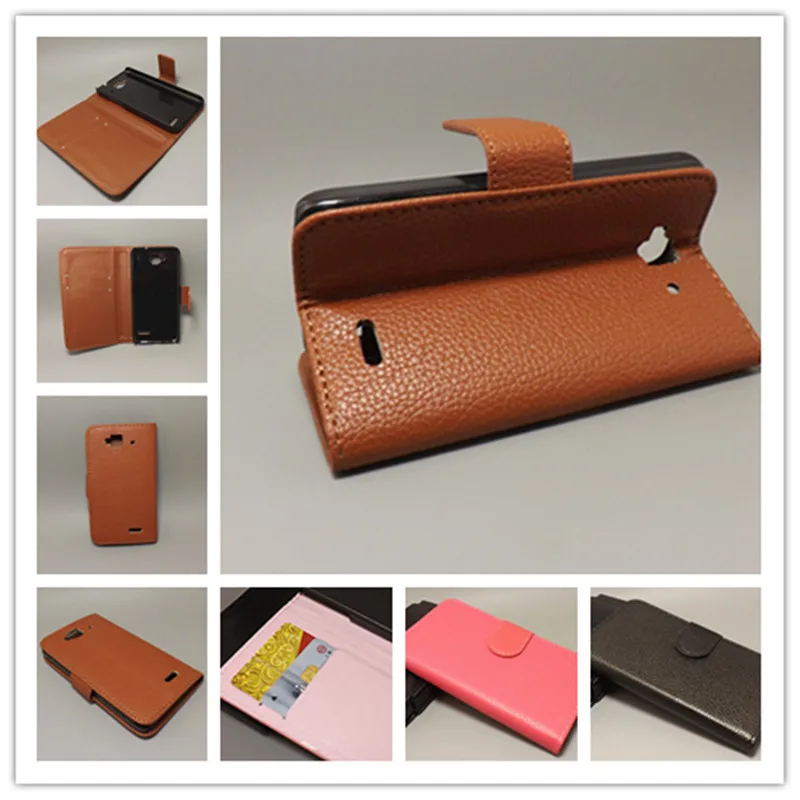 

Alcatel One Touch Idol mini Back Cover OT6012A 6012W 6012X 6012D lichi case stand function for with 2 Card Holder and pouch slot