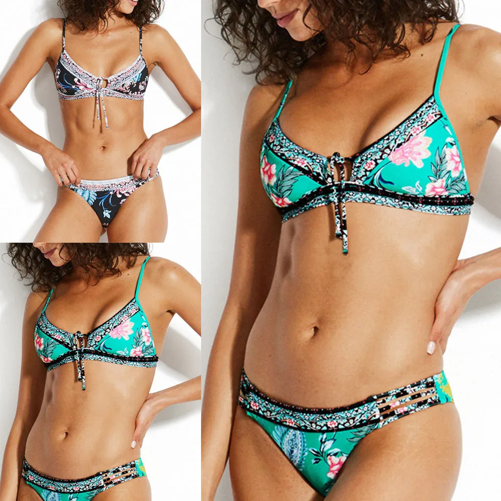 

Women Printed Beachwear Patchwork 2 Pieces Bandage Bikini Swimsuit Bathing Suit Biquinis Feminino 2019 Sexy Bikini Set