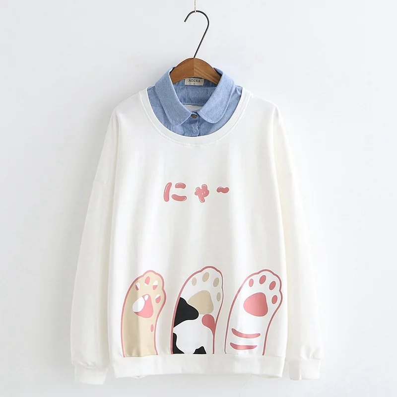  2019 Spring New Denim Collar Women Cartoon Cat Claw Print Sweatshirt Female Top Cute Long Sleeve Pu