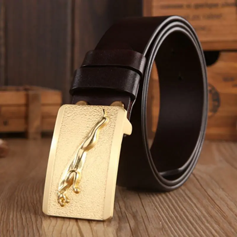 

Brand luxury Jaguar model plate buckle full grain leather belts men high quality belt gold boutique cowhide coffee size 115 cm