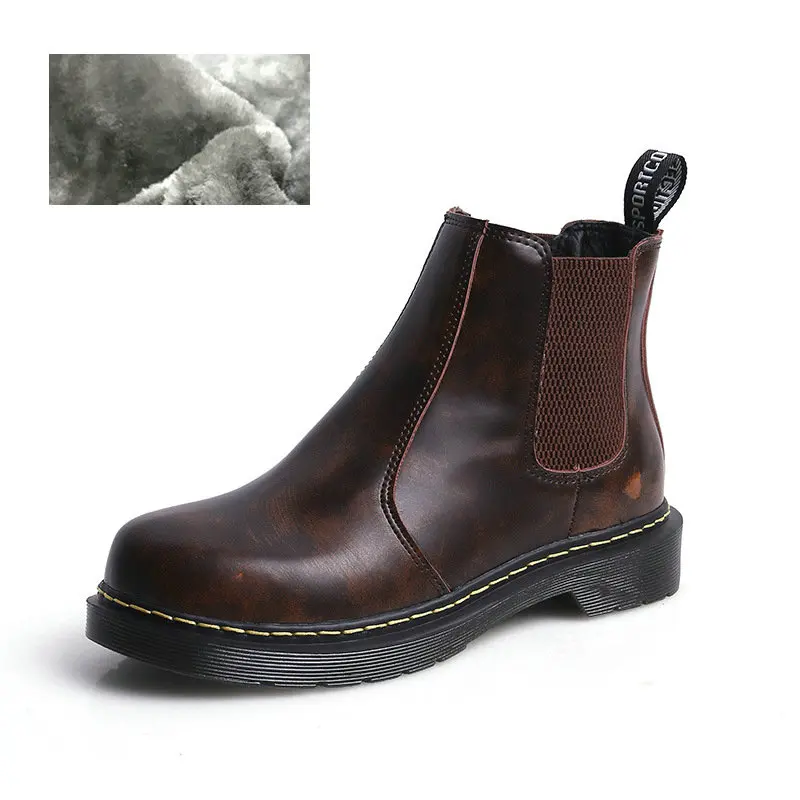 Качественные осенне-зимние плюшевые теплые мотоботы на платформе ботинки «Челси» женские сапоги панк до лодыжек, Размеры 35-40 - Цвет: Brown-Plush Inner