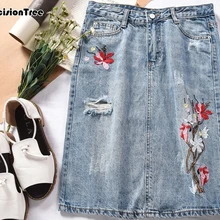 Большие джинсовые юбки с высокой талией, женские вышитые короткие джинсовые юбки, хит, женские повседневные пуговицы для юбки