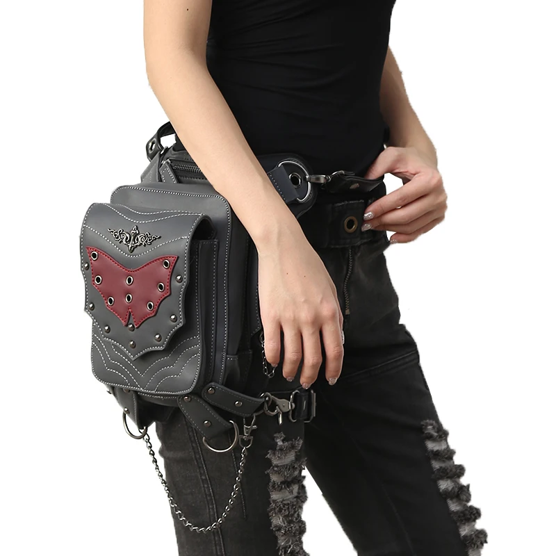 Steampunk Cool Men Retro Rock Waist Bags Belts Fashion Gothic Bags Wings Chain Black Leather Shoulder Bags With Zipper Pockets