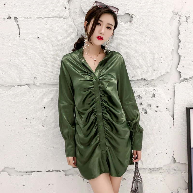 2018 New Elegant Satin Blouse Women Long Sleeve Pleated