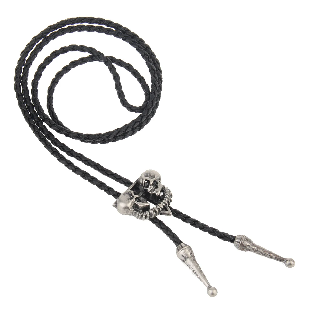 Western Cowboy American Skull Head Bolo Bola Tie Long Leather Necklace Men's Dancewear Accessories