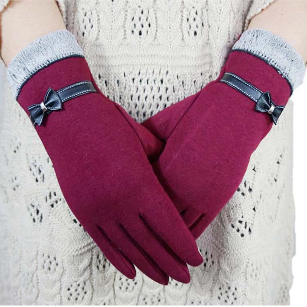Autumn Winter Women Gloves Cute Bow Warm Warmer Mitts Full Finger