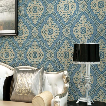 

Beibehang European luxury yellow dark blue Damascus wallpaper 3D classic embossed TV room bedroom wallpaper home decoration