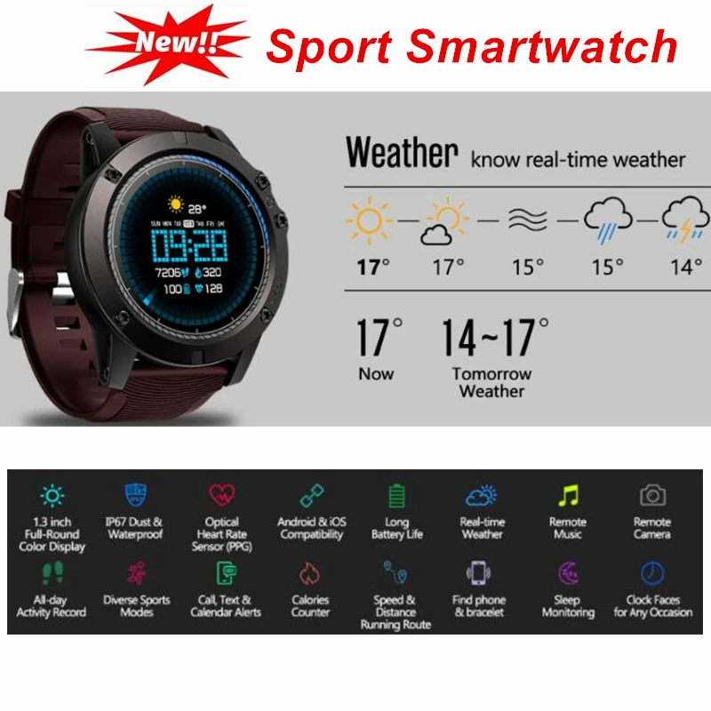 

2019 Newest Men Smart Watch Real-time Weather Optical Heart Rate Monitor Sleep Finess Tracker All-day Sport Tracking Smartwatch