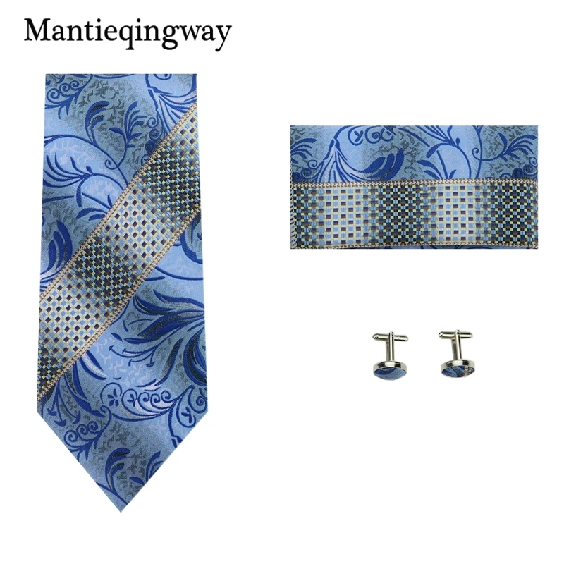 Mantieqingway синий жаккардовый геометрический узор Крават Набор для бизнеса 8,5 см Широкий Gravatas галстук носовой запонки набор для мужчин