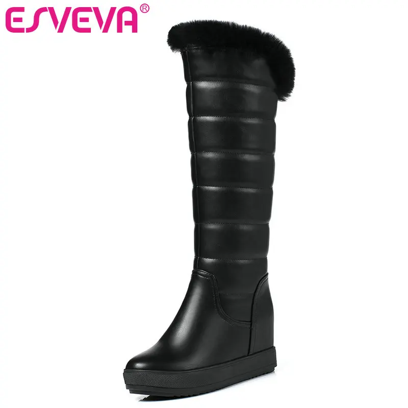 

ESVEVA 2020 Shoes Women Knee-high Boots Square Med Heel Black Elegant PU Leather Boots Shoes Size 34-40 Winter Motorcycle Boots