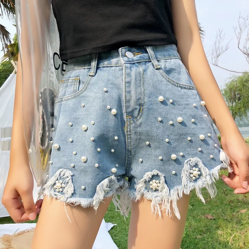 2018 новые рваные жемчуг джинсовые шорты Для женщин летом бисером широкую ногу сексуальные Джинсовые шорты для Для женщин Тонкий Горячие
