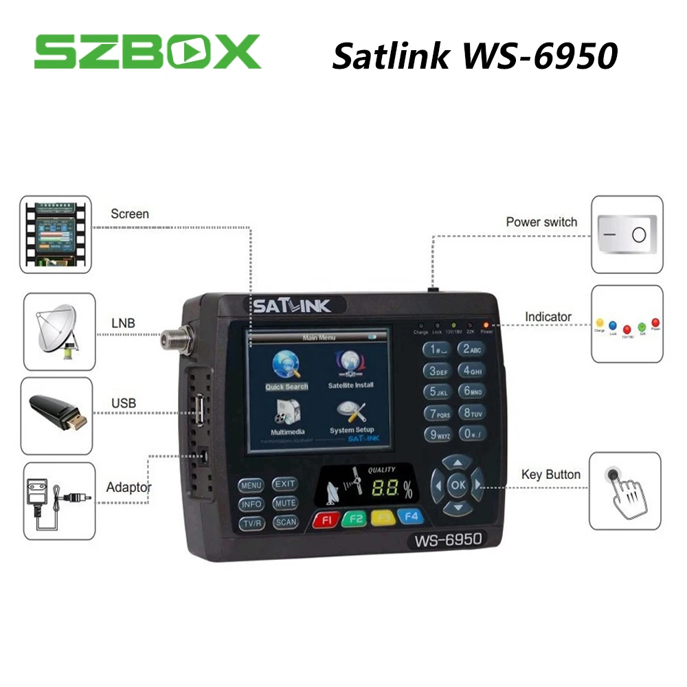 SZBOX satlink ws-6950 3,5 дюймов TFT ЖК-экран спутниковый искатель dvb-s ws6950 sat finder mepg2 метр satlink 6950 цифровой сигнал