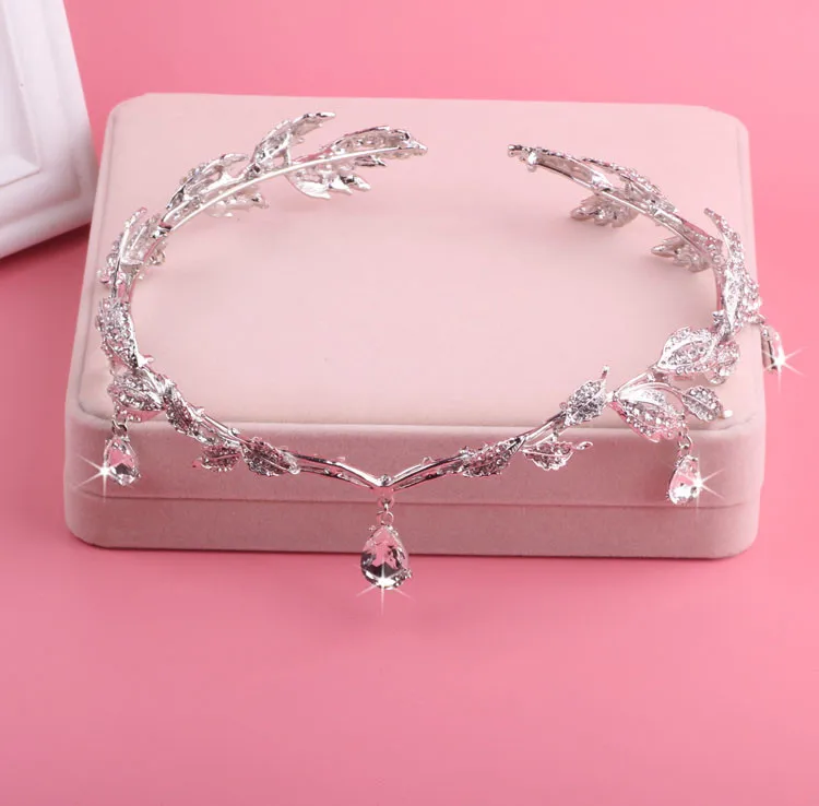 

Baroque Teardrop Crystal Bridal Tiaras Crown Silver Rhinestone Big Leaf Charm Headbands Greece Wedding Hair Jewelry Accessories
