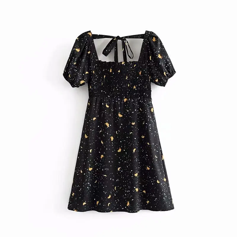 Banana Printed Black Shortsleeve Dress For Women 2019 Summer Square Collar Waist Dress