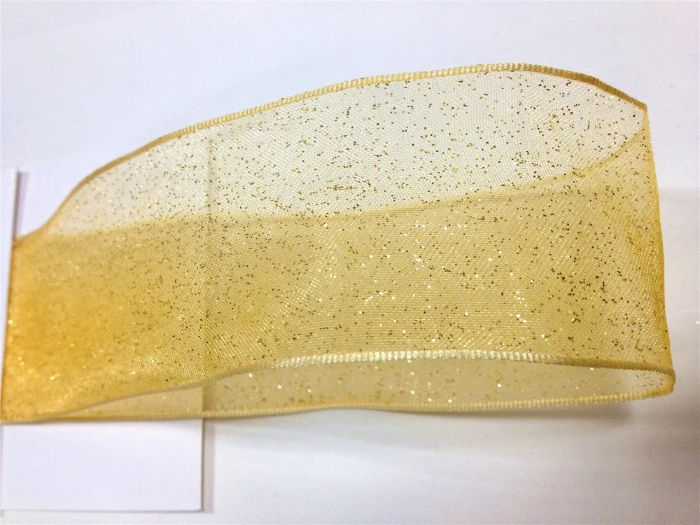 

N1036 38mm X 25yards Sparkling Gold Powder Wired Edge Sheer Ribbon. Gift Bow,Wedding,Cake Wrap,Tree Decoration,Wreath