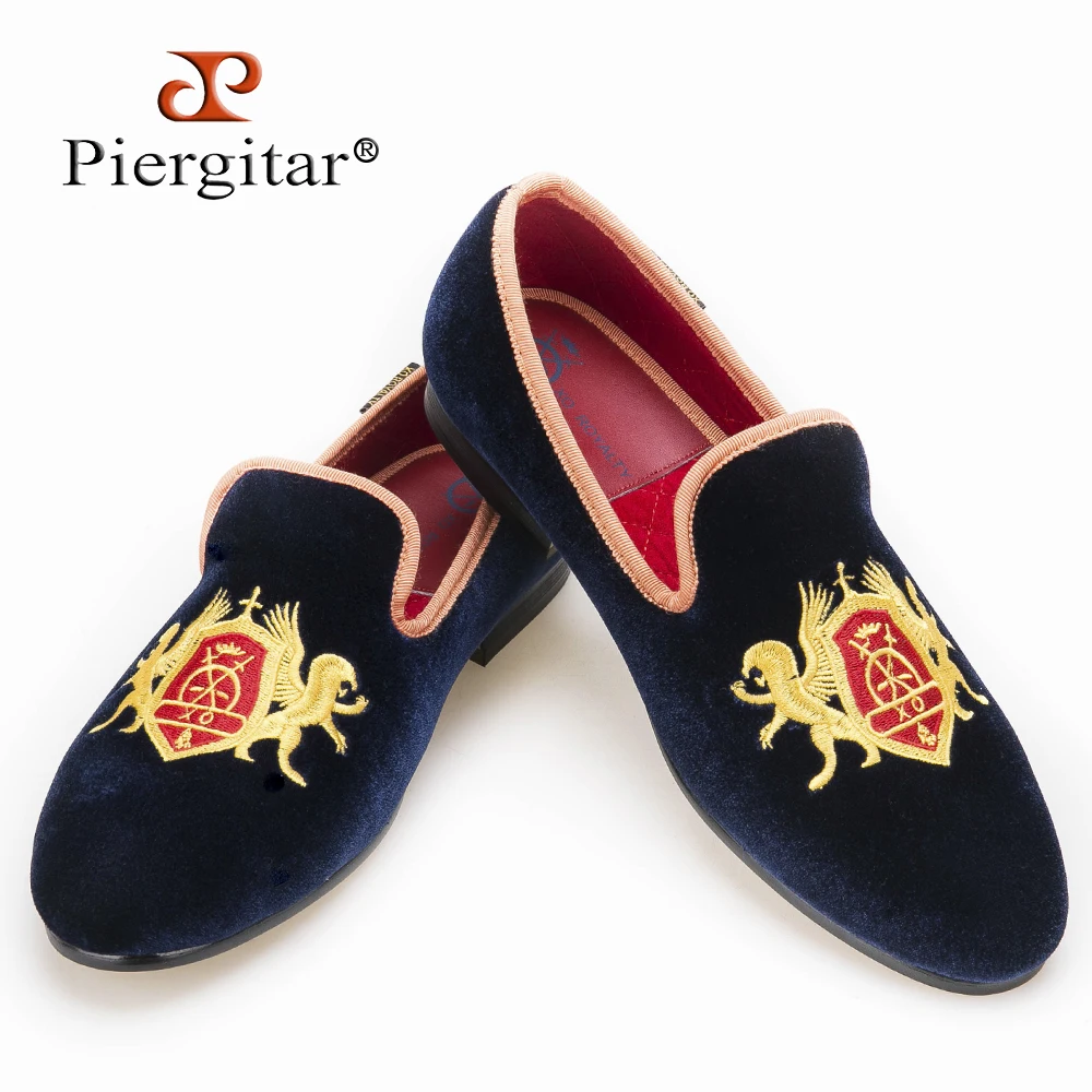 Refinement Embroidery Navy Upper Gold Outsole Velvet Shoes  Men Loafers Smoking Slipper Men Flats size US 4-14 Free shipping