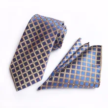 Дизайнерские мужские галстуки наборы с платком синий с золотыми бриллиантами галстук в клеточку с карманом квадрат, чтобы соответствовать костюмам