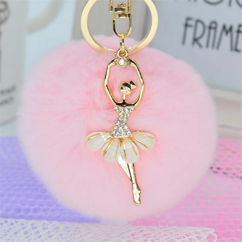 

Dancer Girl Trinket Keyring Hare Toy Key Chain Party Gift 8CM Fluffy Faux Rex Rabbit Fur Ball Pom Pom Keychain Women Bag Charms