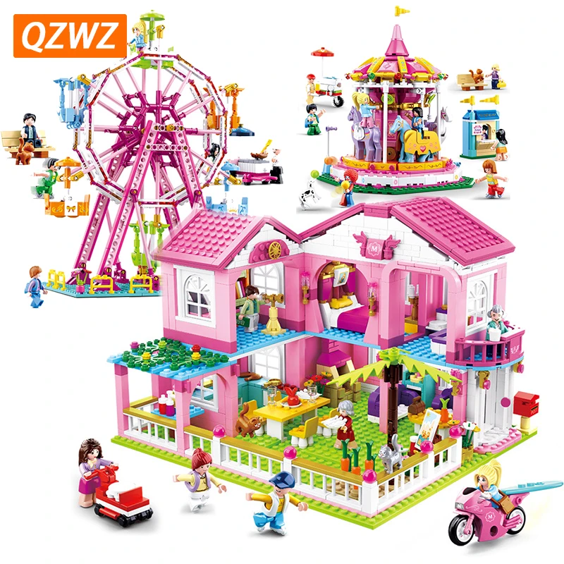

QZWZ Friends Series Building Blocks Legoings The City Ferris Wheel Carousel Holiday villa Model Bricks Girl Toys Kids Gifts