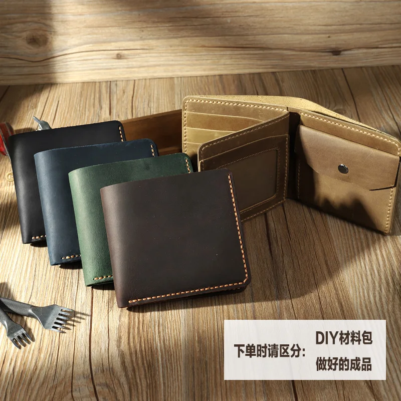 

New tri-fold hand wallet men leather retro short wallet pure hand-sewn diy leather driver's license bag