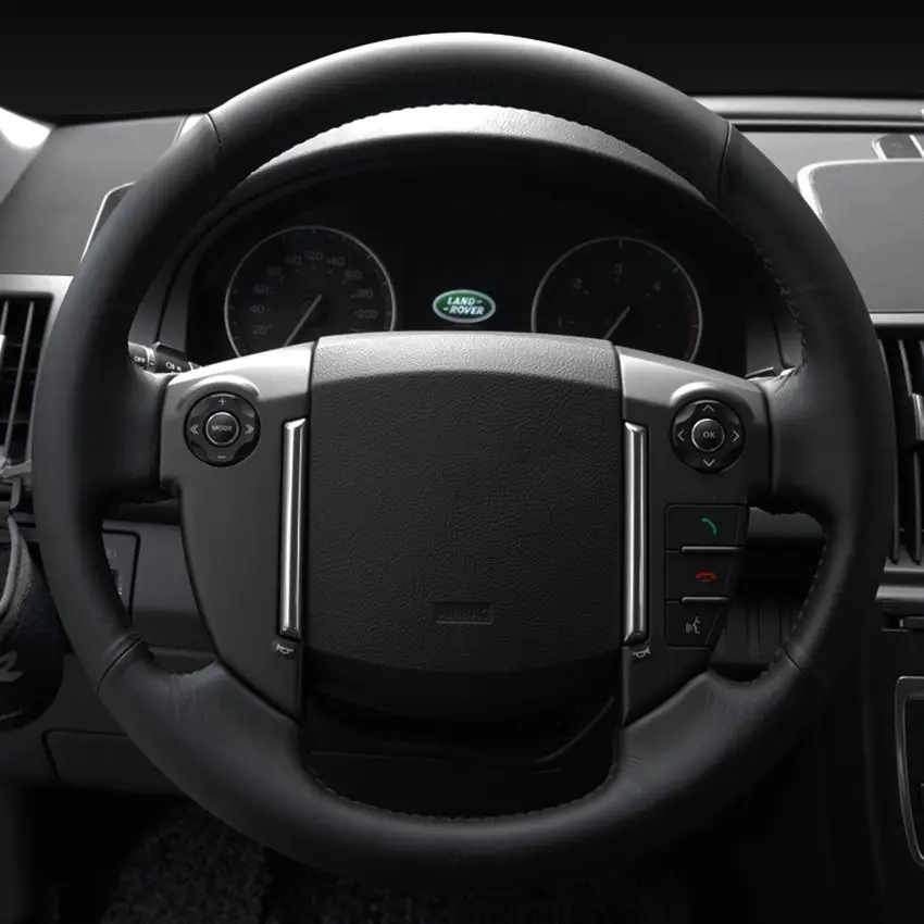 Diy黒人工皮革車のステアリングホイールカバーランドローバーdiscoverer 3 4 フリーランダー 2 レンジローバースポーツ版