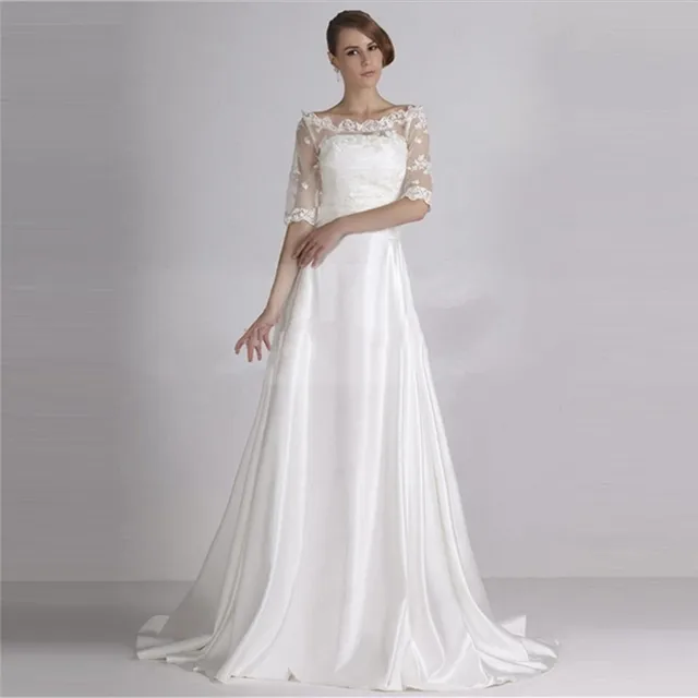 Vintage Satin Scoop Beach Wedding Dress Y Lace Back 1 2 Sleeve Vintage Satin Scoop Beach Wedding Dress Y Lace Back 1 2 Sleeve Vestido De Noiva