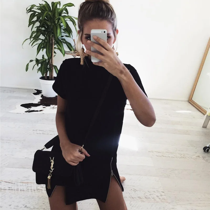 

Women's Short Sleeve O Neck Sexy Fashion Zipper Slit Black Casual Party Summer Loose Vintage Knitted High Street Dress 3560377