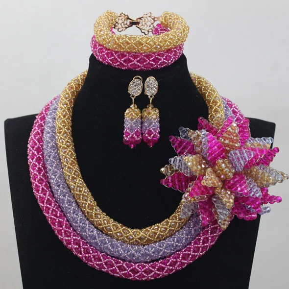 

Splendid Gold Women African Wedding Costume Jewelry Set Pink/Purple Bridal Inpired Indian Event Jewelry Set Free Shipping QW773