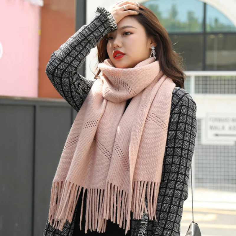 Best Gift Winter Warm Red/Yellow Color Wool Knitting Scarf For Ladies Scarfs Wraps Fashion Pashmina Tassel Female Scarves Wraps