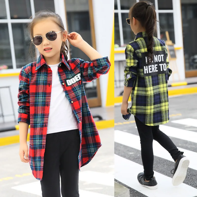  Blouses Baby Girl 2018 Autumn Cotton Shirt for Teens Kids Plaid Blouse Big Size 4 6 8 10 12 14 16 Y