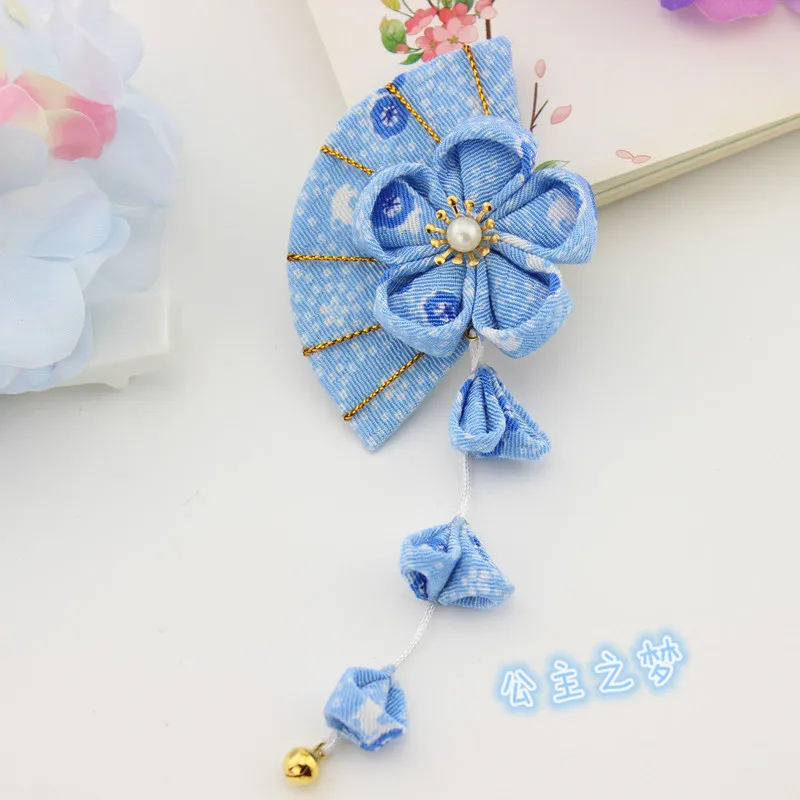 Maru-tsuami Kanzashi Zaiku Fan Sakura Hairclip традиционный японский цветочный стиль кимоно с кистями аксессуар Гейша ручной работы HW003 - Цвет: Небесно-голубой