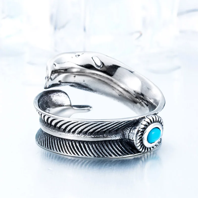 Beier Green Stone Woman And Man Stainless Steel Retro Style Gothic Unisex Feather Ring For Girl Boy BR8-367
