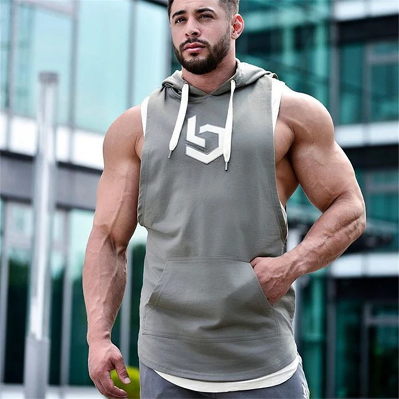 

YEMEKE Tank Tops Men Fitness Muscle Print Sleeveless Hooded Bodybuilding Pocket Tight-drying Tops Summer Shirt For Men