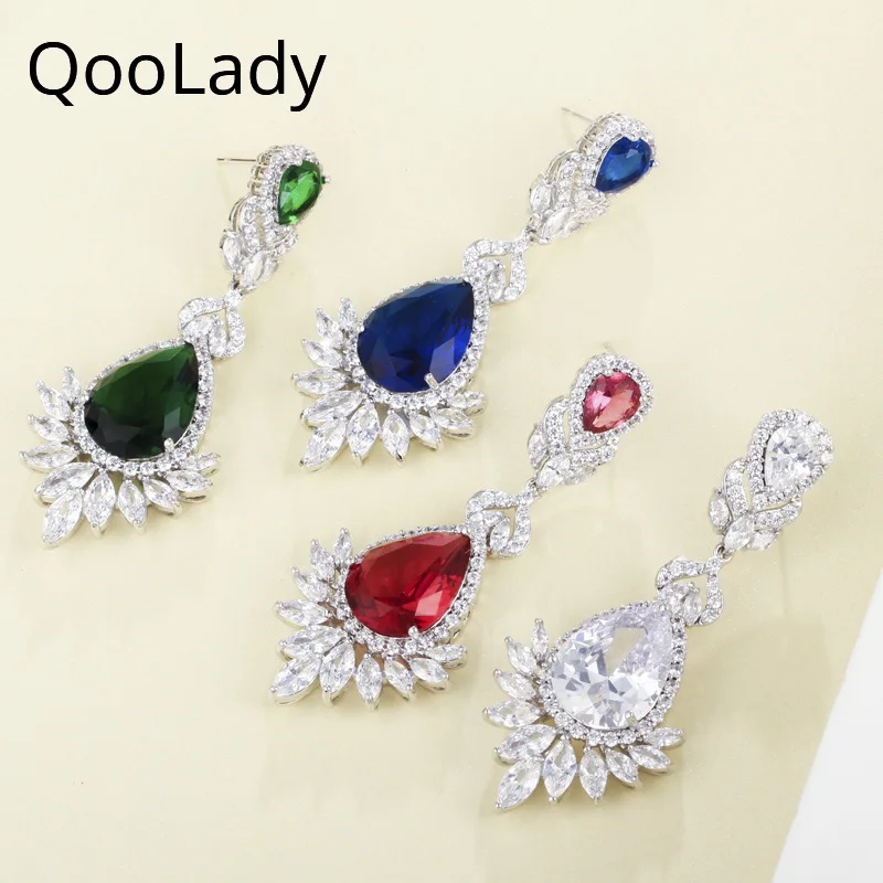 

QooLady Classic 4 Colors Green Bule Red Cubic Zircon Stone Fashion Long Big Water Drop Wedding Jewelry Earrings for Brides E010