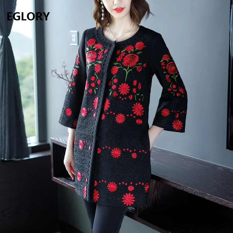 

XXXXL Coat Trench 2019 Autumn Winter Outerwear & Coats Women Allover Luxurious Embroidery Wide-waisted Vintage Coat Oversize